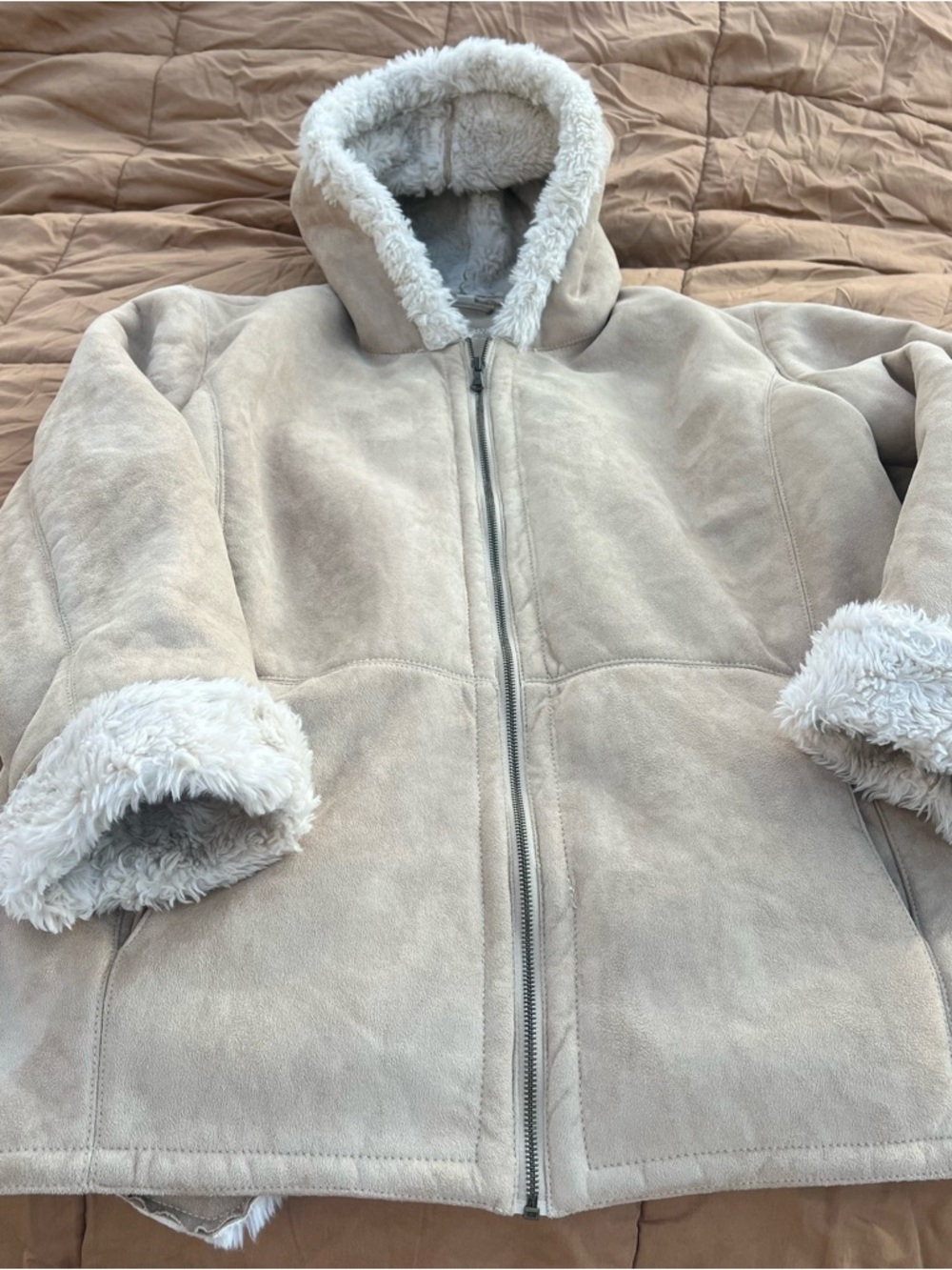 Vintage Y2K Penny Lane Faux Fur Lined Fur Suede Tan Hooded Coat Size M - Picture 1 of 5